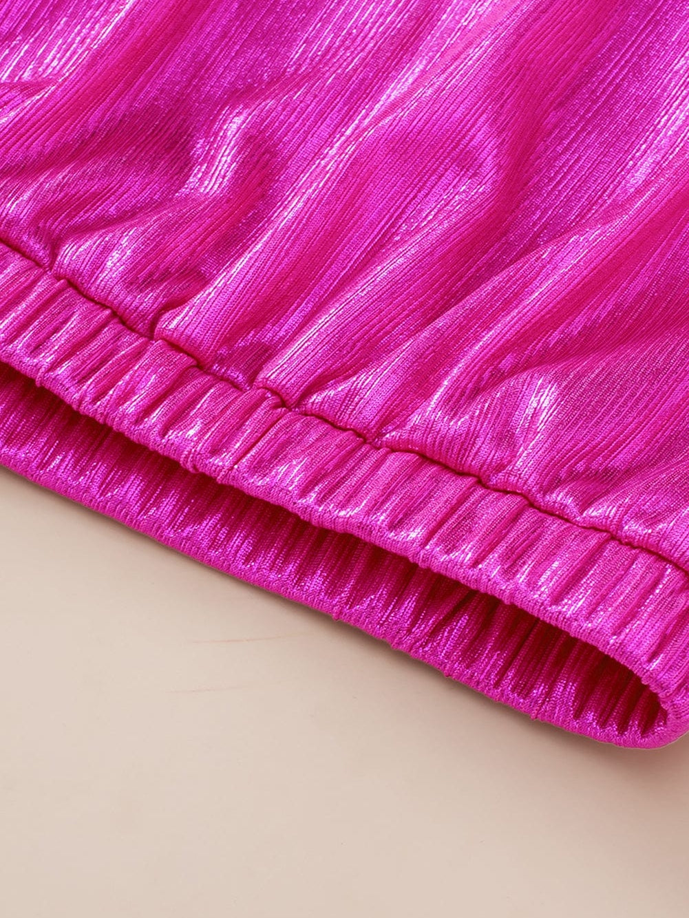 Glamorous Pink Satin Open Back Blouse with Ruched Sleeves