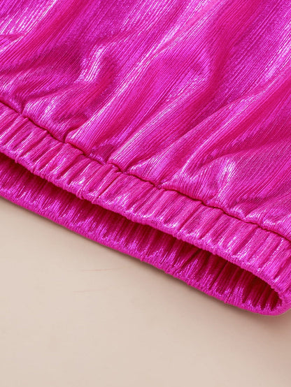 Glamorous Pink Satin Open Back Blouse with Ruched Sleeves