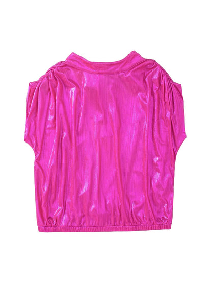 Glamorous Pink Satin Open Back Blouse with Ruched Sleeves