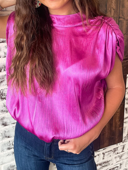 Glamorous Pink Satin Open Back Blouse with Ruched Sleeves