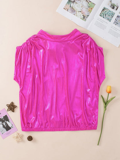 Glamorous Pink Satin Open Back Blouse with Ruched Sleeves