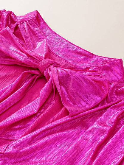 Glamorous Pink Satin Open Back Blouse with Ruched Sleeves