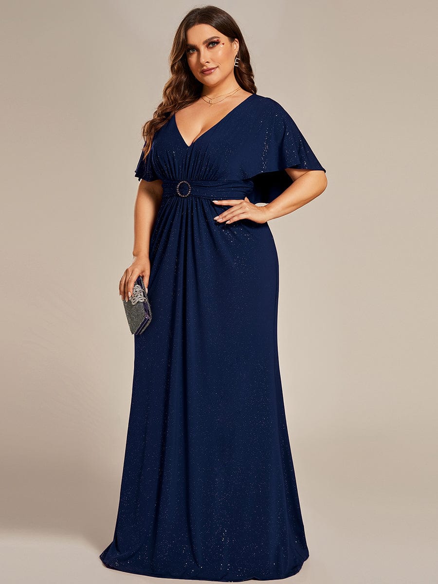 Glamorous Plus Size Mermaid Evening Gown with Glitter Bat-Wing Sleeves and Waist-Cinching Detail