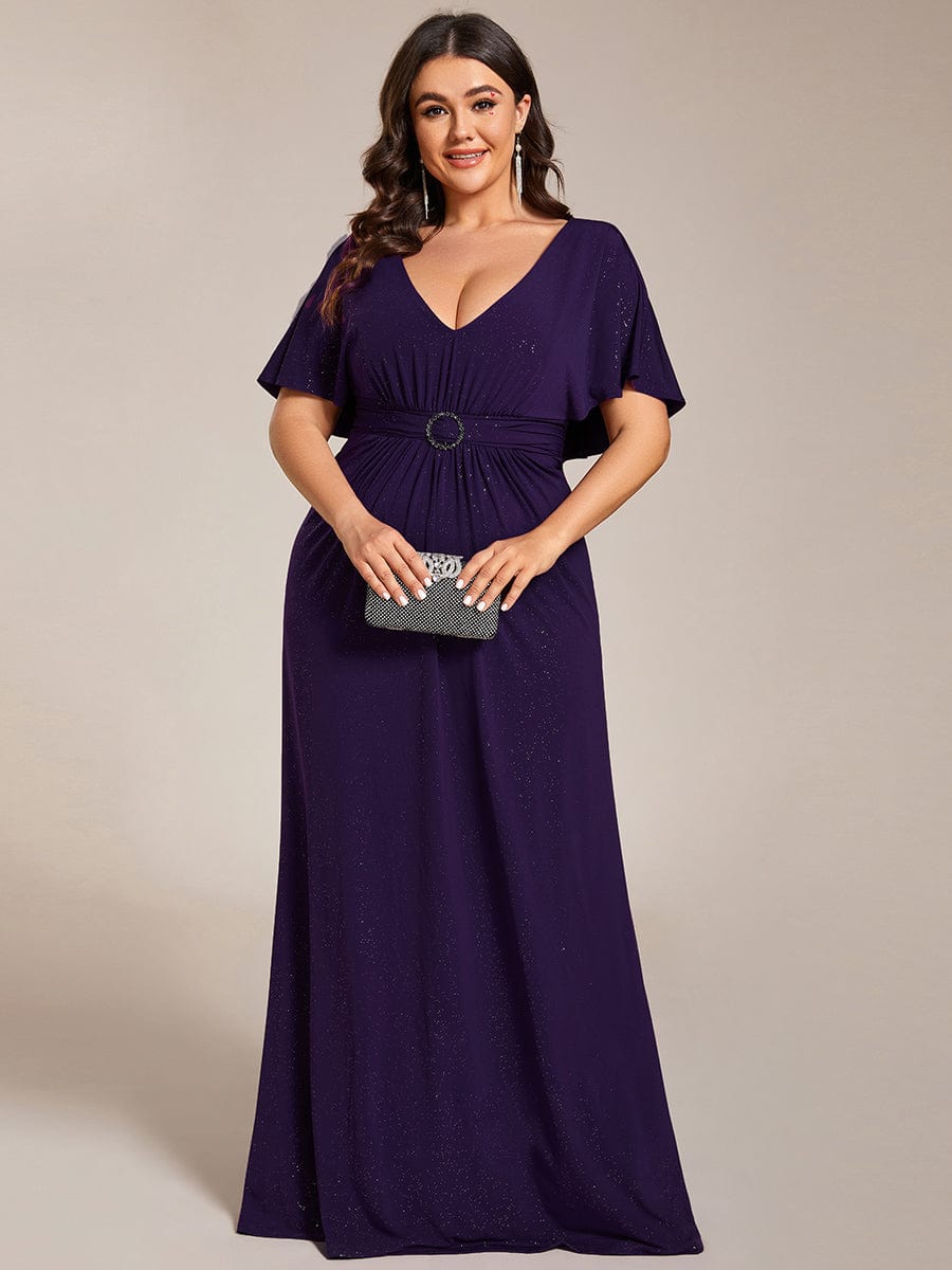 Glamorous Plus Size Mermaid Evening Gown with Glitter Bat-Wing Sleeves and Waist-Cinching Detail