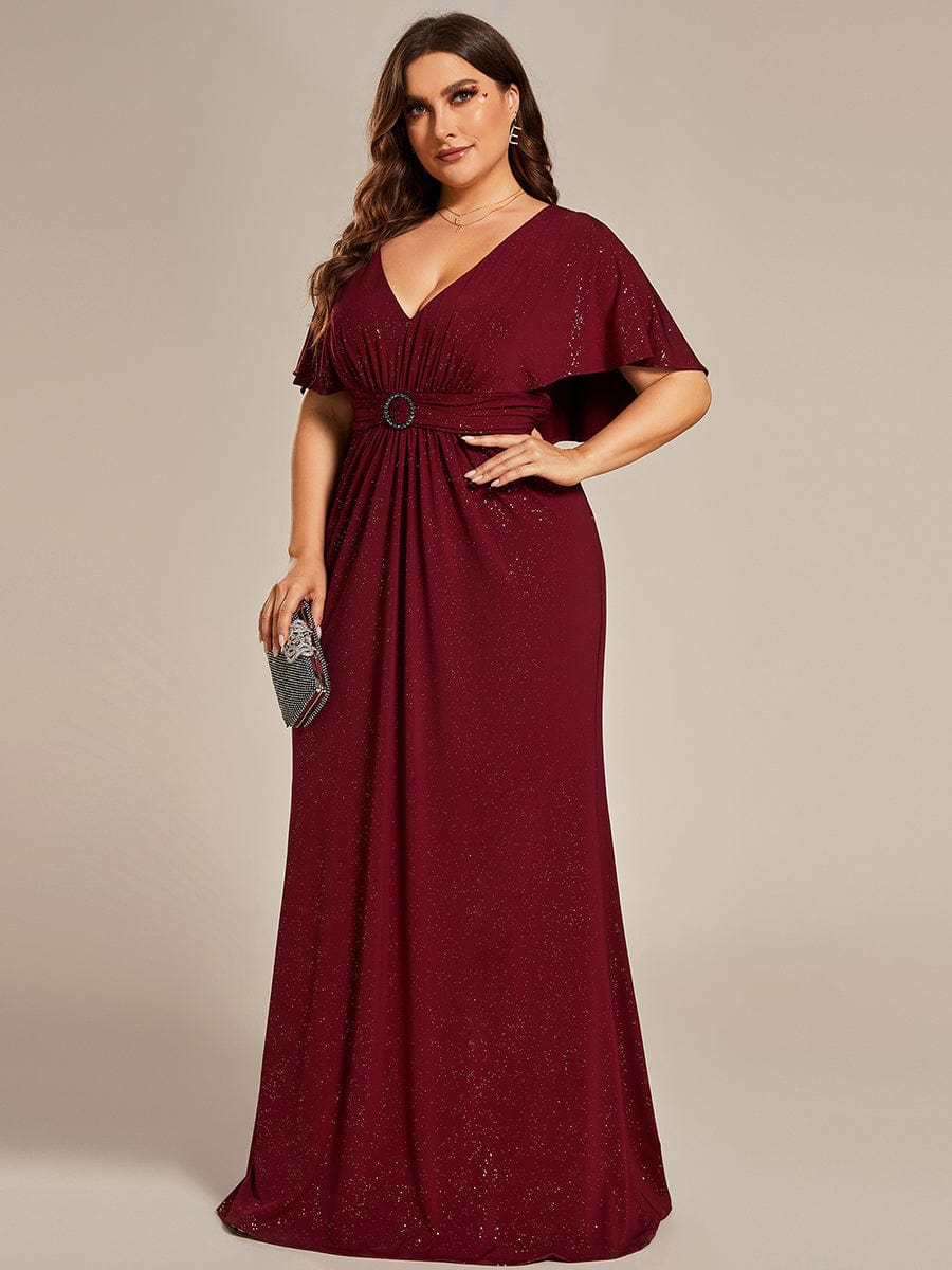 Glamorous Plus Size Mermaid Evening Gown with Glitter Bat-Wing Sleeves and Waist-Cinching Detail