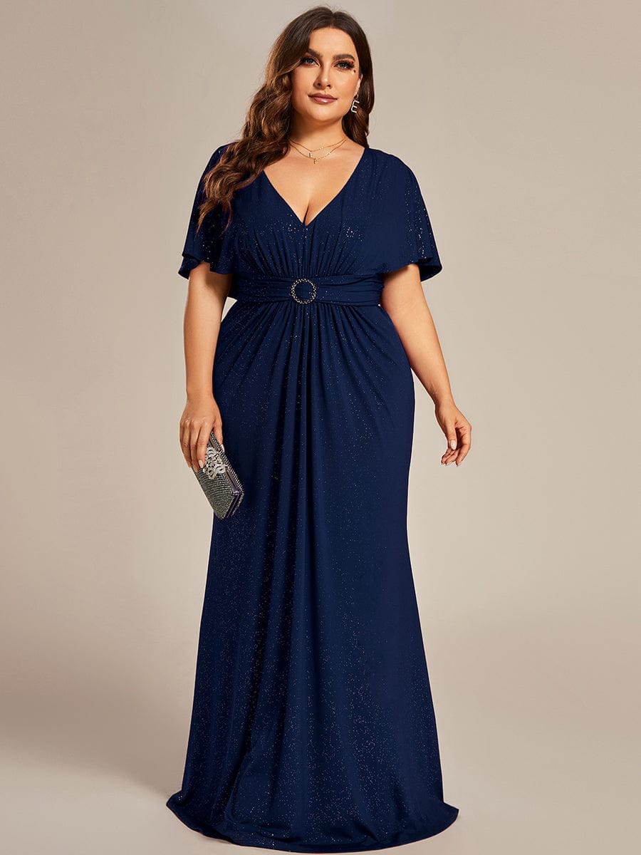 Glamorous Plus Size Mermaid Evening Gown with Glitter Bat-Wing Sleeves and Waist-Cinching Detail