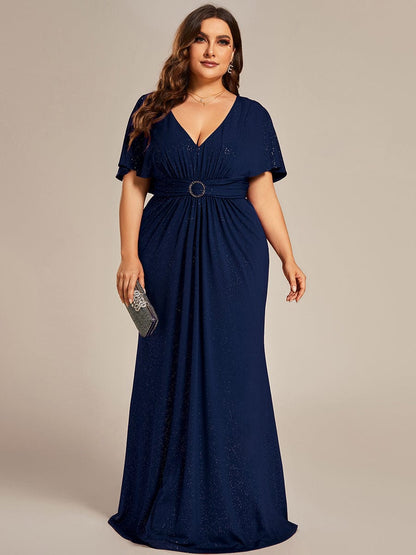 Glamorous Plus Size Mermaid Evening Gown with Glitter Bat-Wing Sleeves and Waist-Cinching Detail