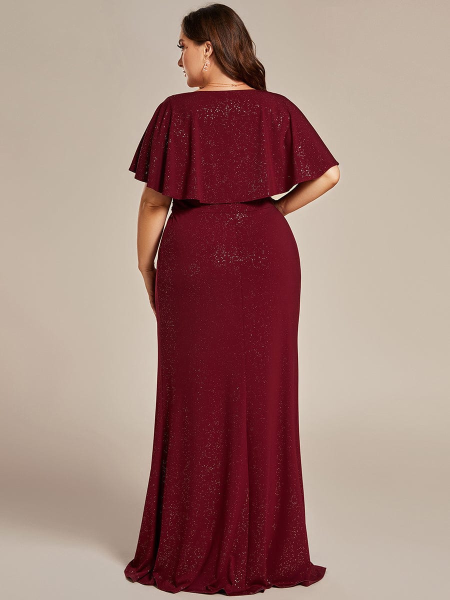 Glamorous Plus Size Mermaid Evening Gown with Glitter Bat-Wing Sleeves and Waist-Cinching Detail