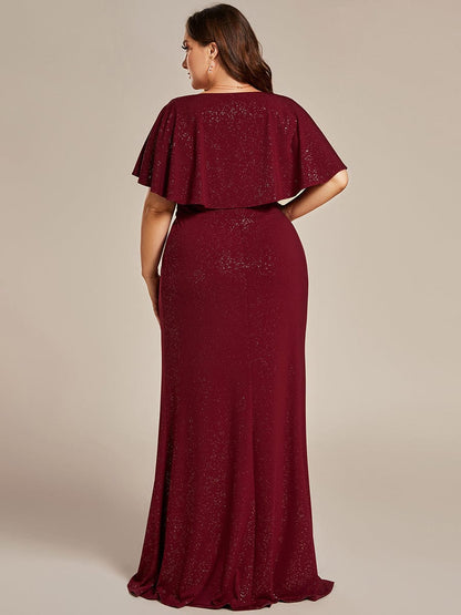 Glamorous Plus Size Mermaid Evening Gown with Glitter Bat-Wing Sleeves and Waist-Cinching Detail