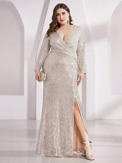 Glamorous Plus Size Sequin Bodice Formal Gown with Deep V-Neck