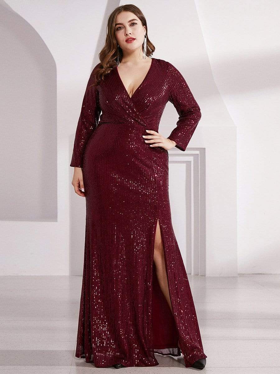 Glamorous Plus Size Sequin Bodice Formal Gown with Deep V-Neck