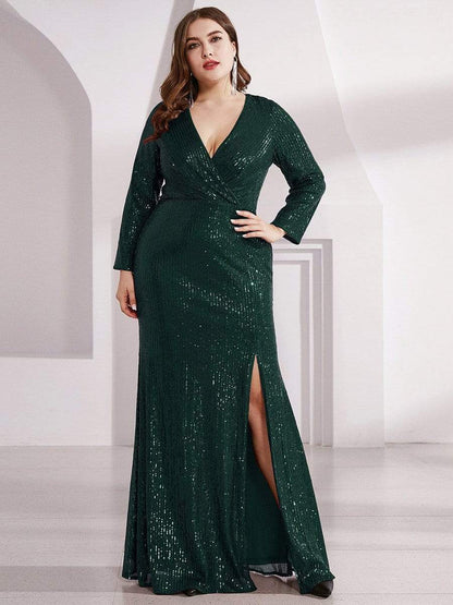 Glamorous Plus Size Sequin Bodice Formal Gown with Deep V-Neck