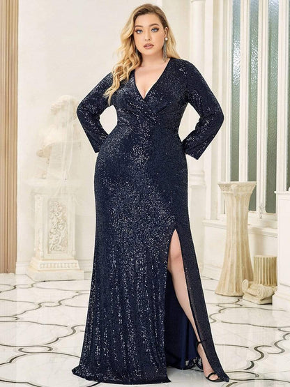 Glamorous Plus Size Sequin Bodice Formal Gown with Deep V-Neck