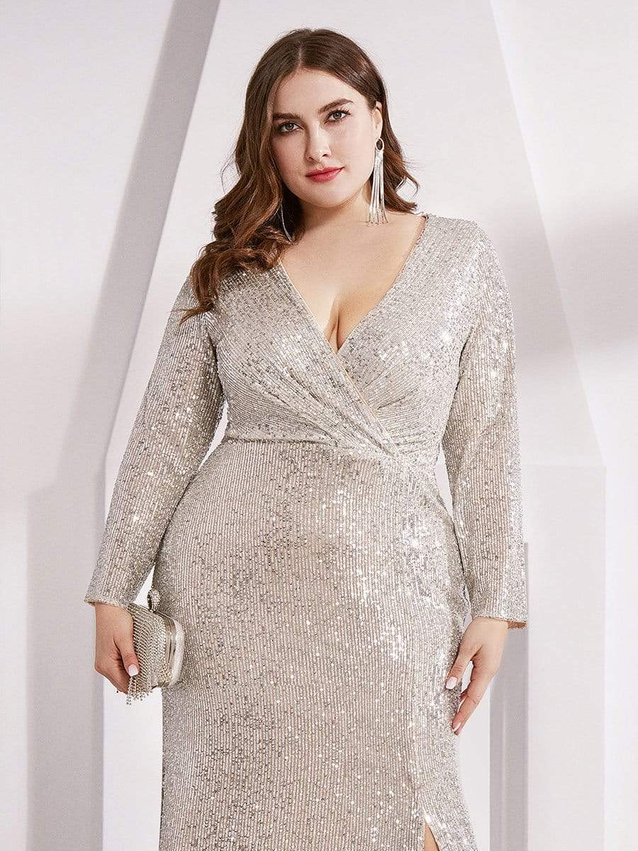 Glamorous Plus Size Sequin Bodice Formal Gown with Deep V-Neck