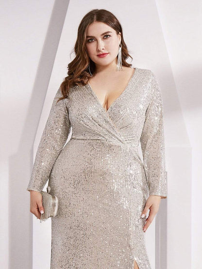 Glamorous Plus Size Sequin Bodice Formal Gown with Deep V-Neck
