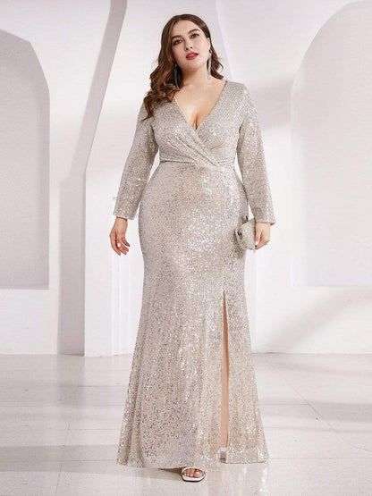 Glamorous Plus Size Sequin Bodice Formal Gown with Deep V-Neck