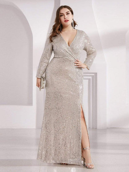 Glamorous Plus Size Sequin Bodice Formal Gown with Deep V-Neck