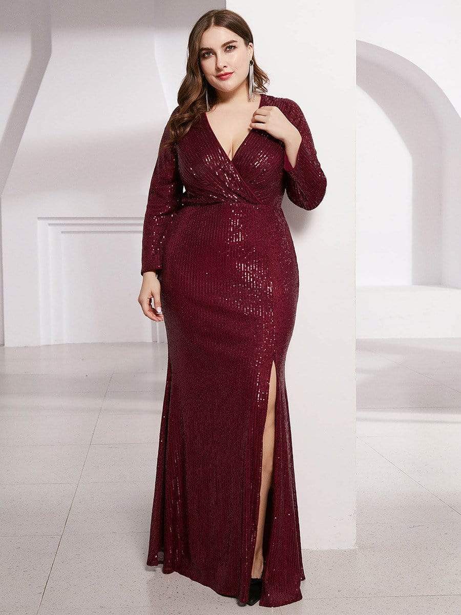 Glamorous Plus Size Sequin Bodice Formal Gown with Deep V-Neck