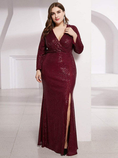 Glamorous Plus Size Sequin Bodice Formal Gown with Deep V-Neck