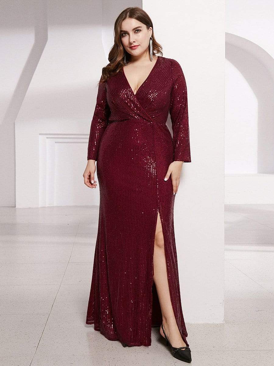 Glamorous Plus Size Sequin Bodice Formal Gown with Deep V-Neck