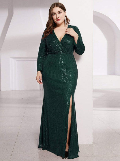 Glamorous Plus Size Sequin Bodice Formal Gown with Deep V-Neck