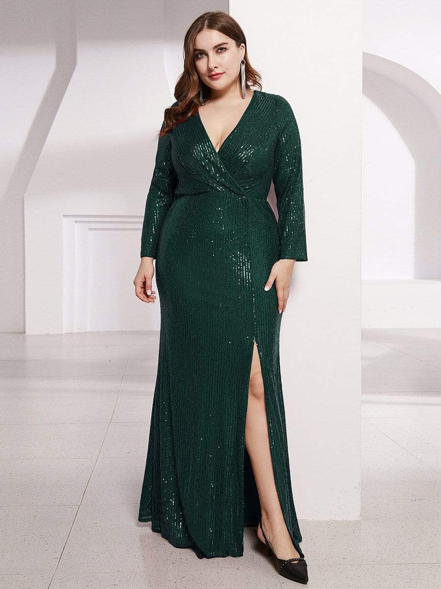 Glamorous Plus Size Sequin Bodice Formal Gown with Deep V-Neck