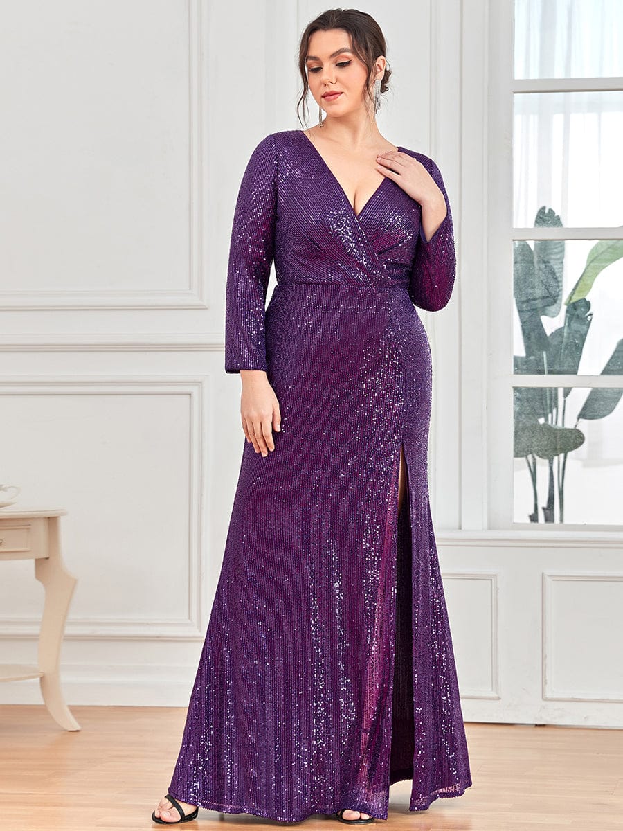 Glamorous Plus Size Sequin Bodice Formal Gown with Deep V-Neck