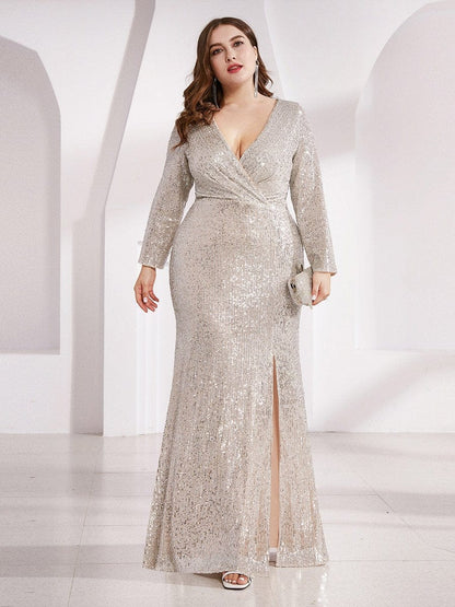 Glamorous Plus Size Sequin Deep V Neck Evening Party Gown