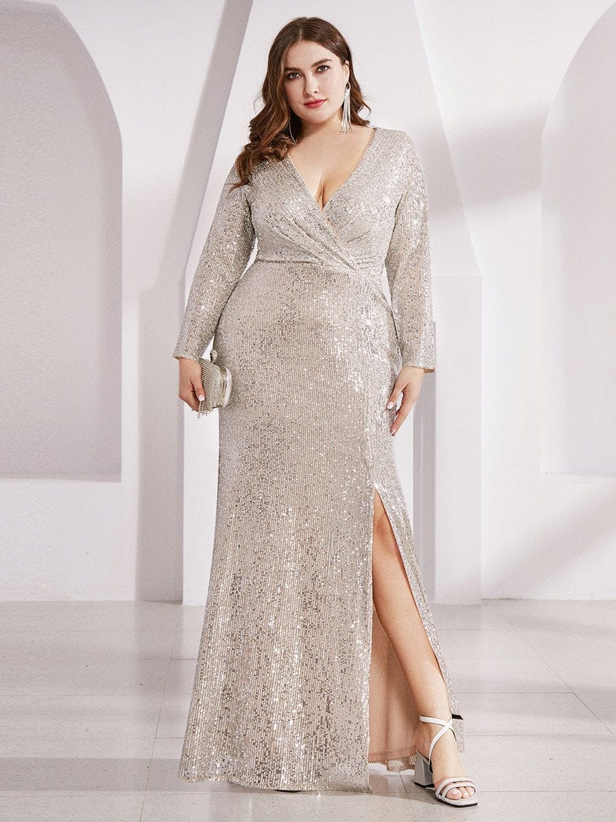 Glamorous Plus Size Sequin Deep V Neck Evening Party Gown