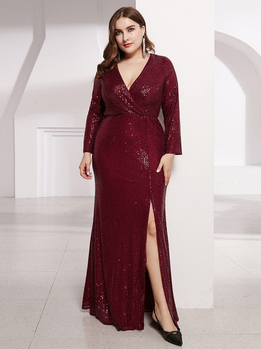 Glamorous Plus Size Sequin Deep V Neck Evening Party Gown