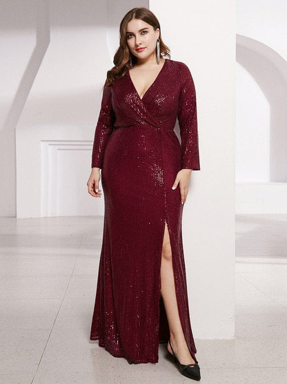 Glamorous Plus Size Sequin Deep V Neck Evening Party Gown