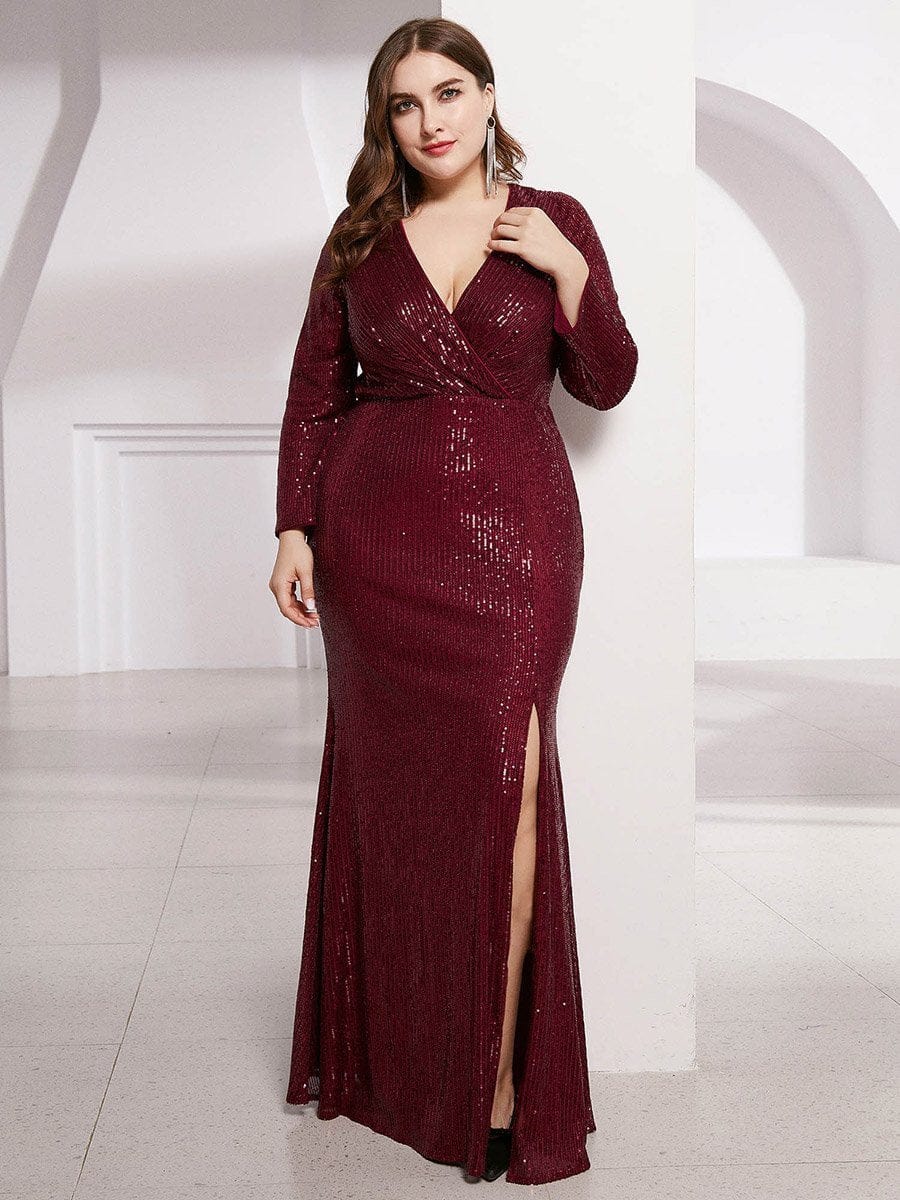 Glamorous Plus Size Sequin Deep V Neck Evening Party Gown