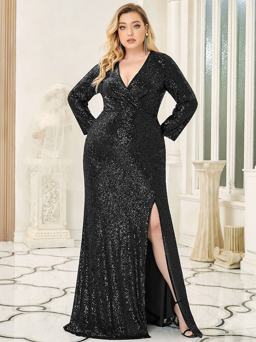Glamorous Plus Size Sequin Deep V Neck Evening Party Gown
