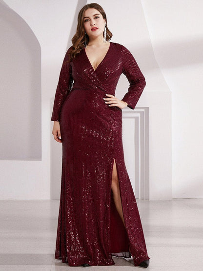 Glamorous Plus Size Sequin Deep V Neck Evening Party Gown