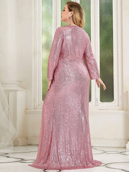 Glamorous Plus Size Sequin Deep V Neck Evening Party Gown