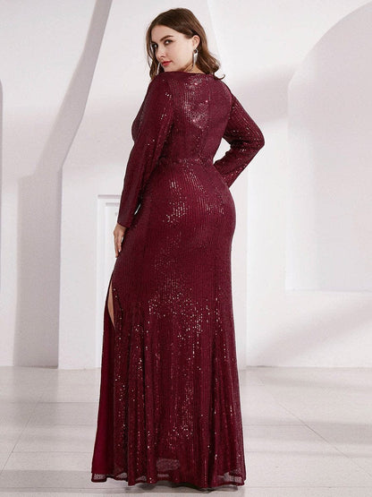 Glamorous Plus Size Sequin Deep V Neck Evening Party Gown
