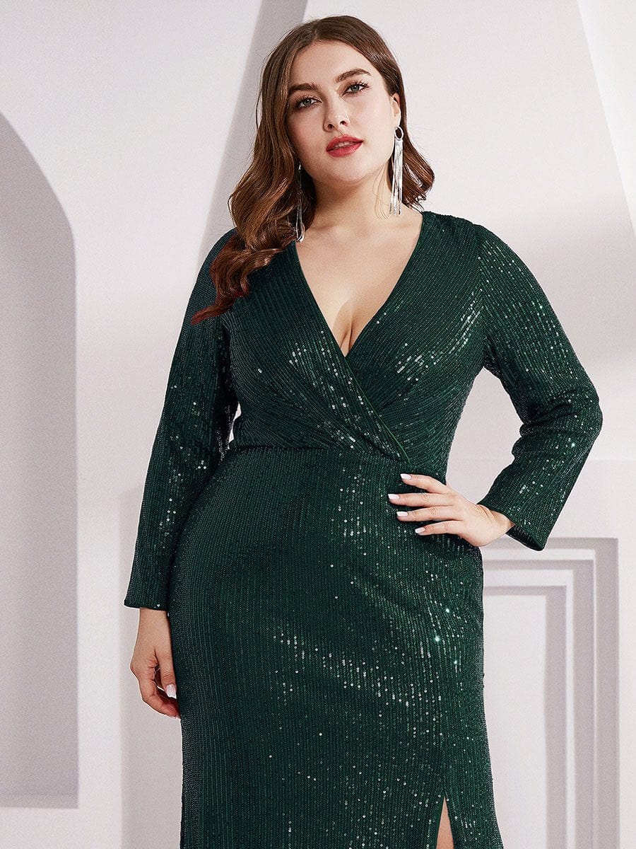 Glamorous Plus Size Sequin Deep V Neck Evening Party Gown