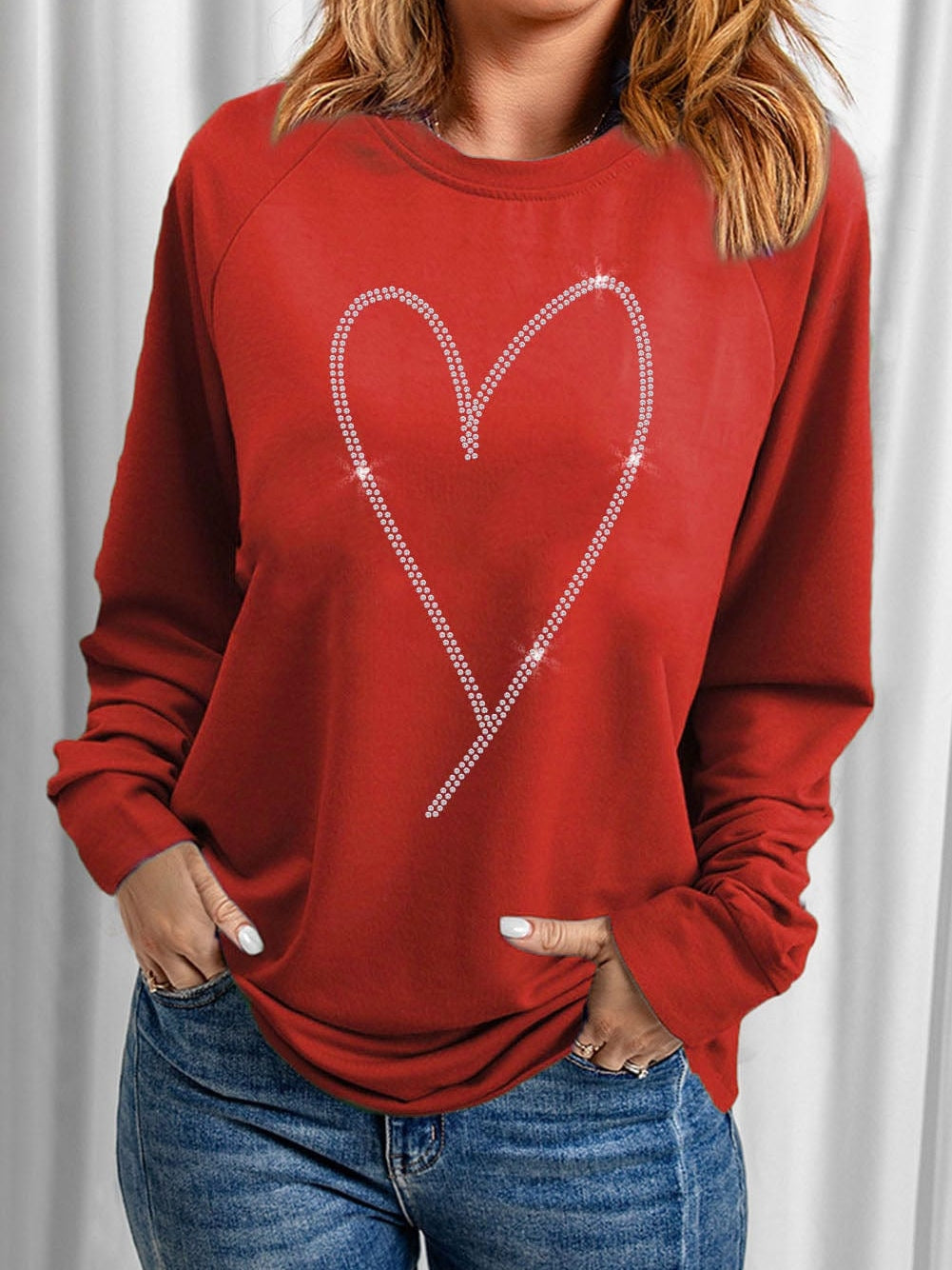 Glamorous Red Heart Sparkle Long Sleeve Sweatshirt