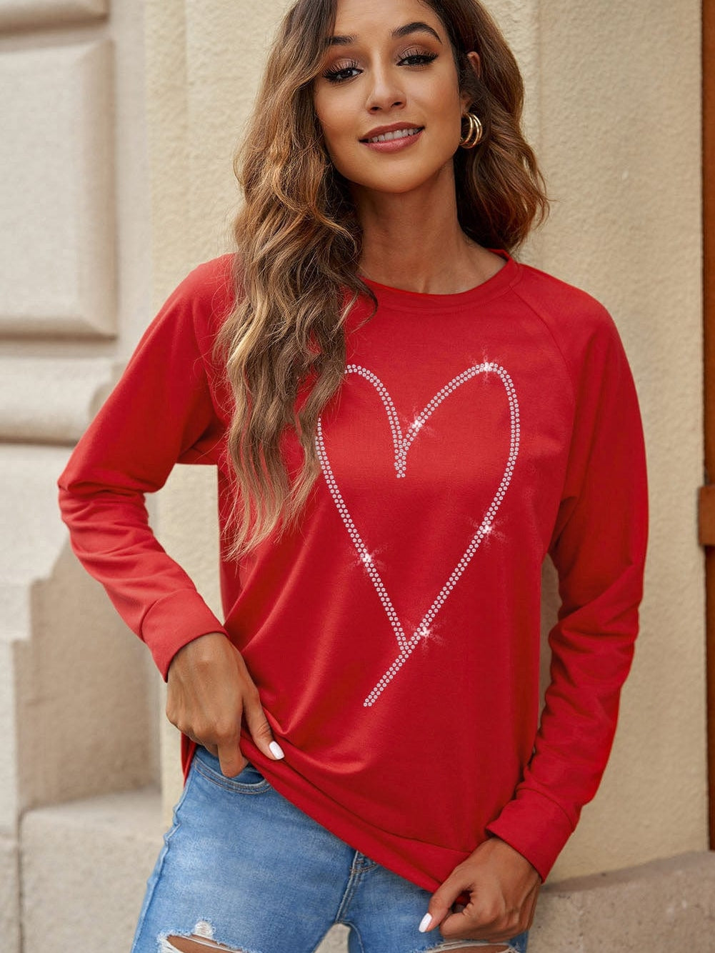 Glamorous Red Heart Sparkle Long Sleeve Sweatshirt