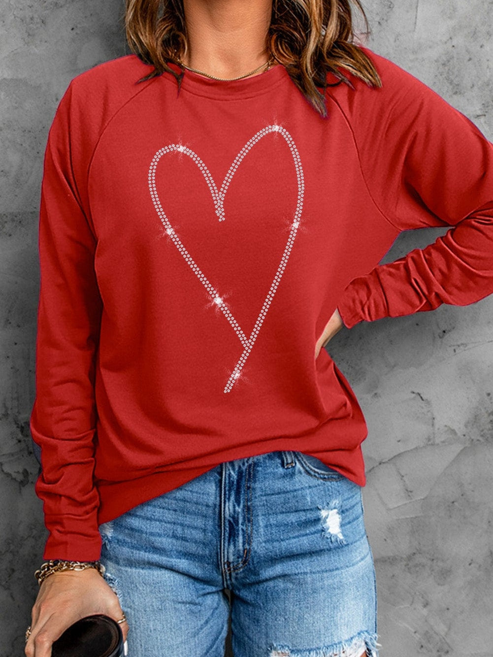 Glamorous Red Heart Sparkle Long Sleeve Sweatshirt
