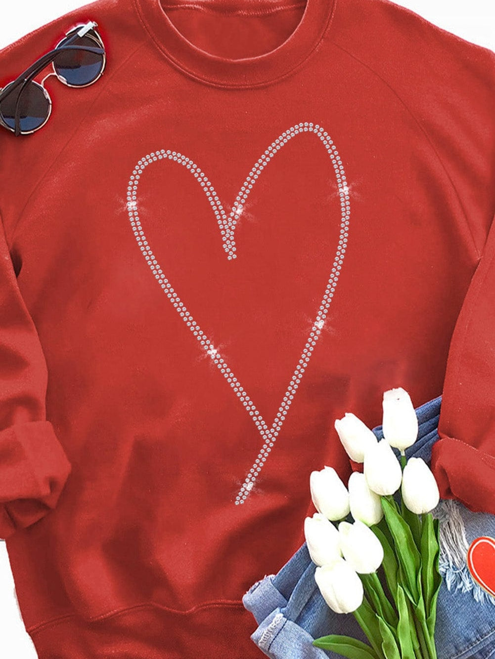 Glamorous Red Heart Sparkle Long Sleeve Sweatshirt