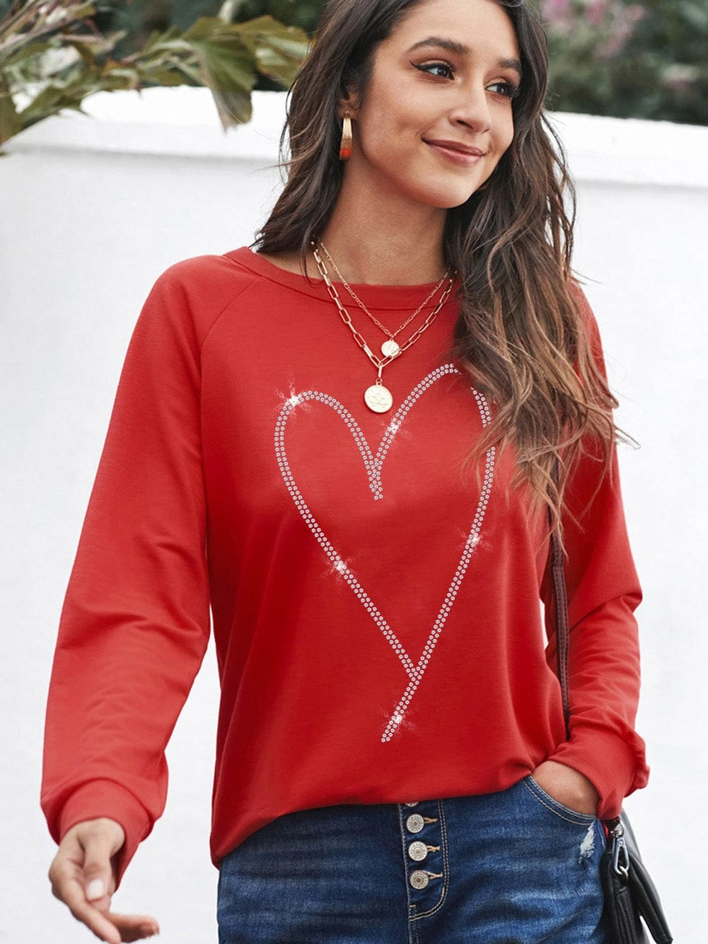 Glamorous Red Heart Sparkle Long Sleeve Sweatshirt