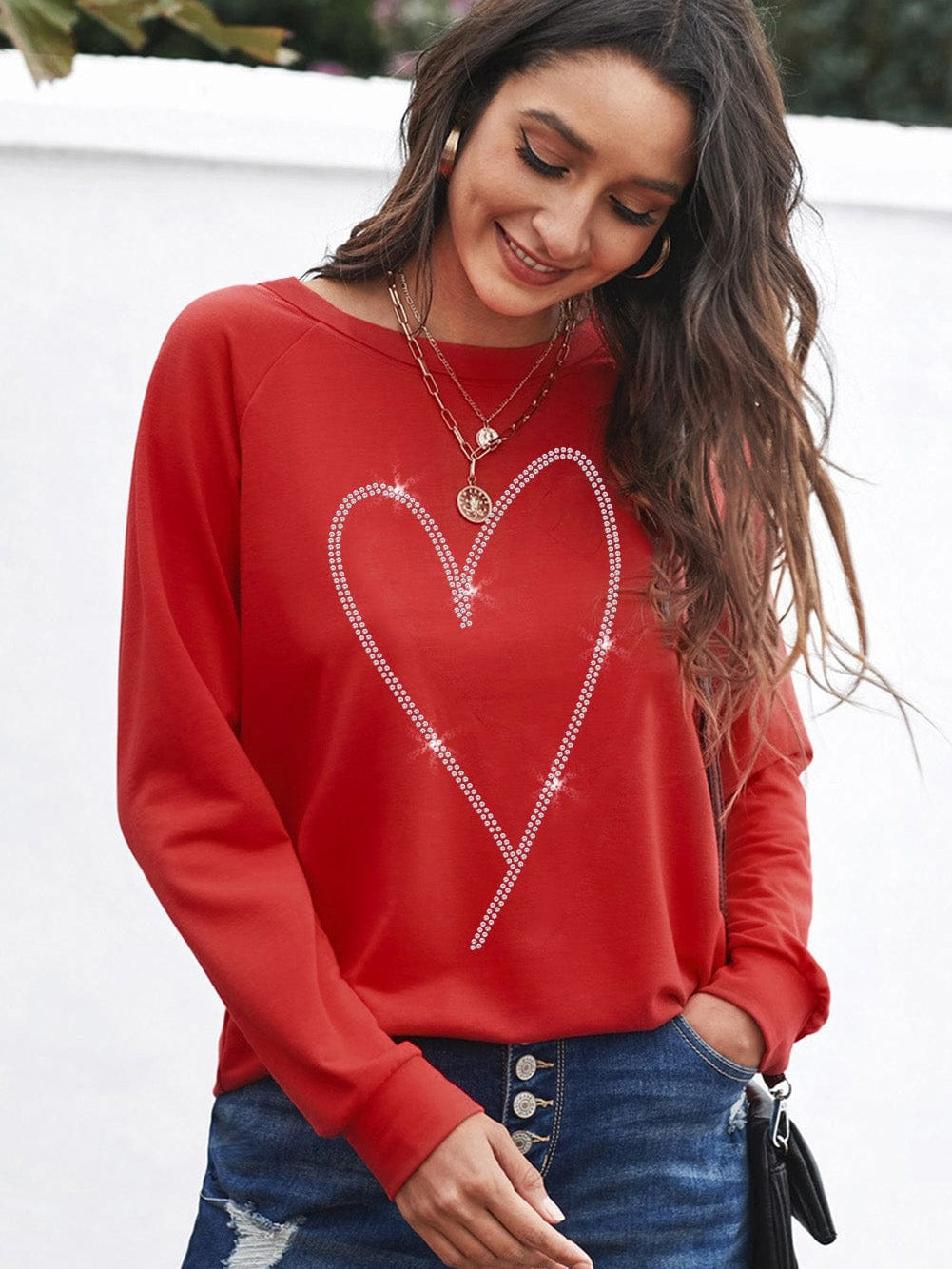 Glamorous Red Heart Sparkle Long Sleeve Sweatshirt