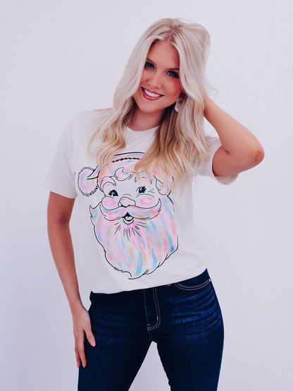 Glamorous White Santa Claus Print Crew Neck Tee