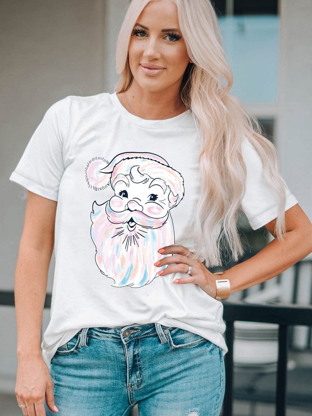 Glamorous White Santa Claus Print Crew Neck Tee