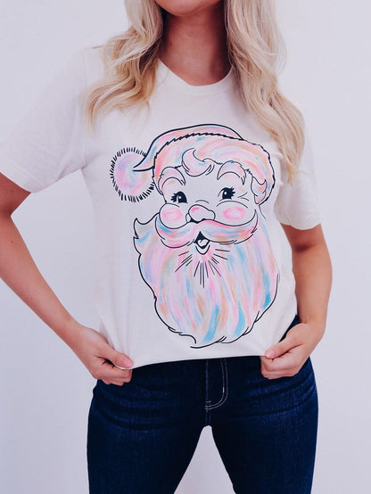 Glamorous White Santa Claus Print Crew Neck Tee