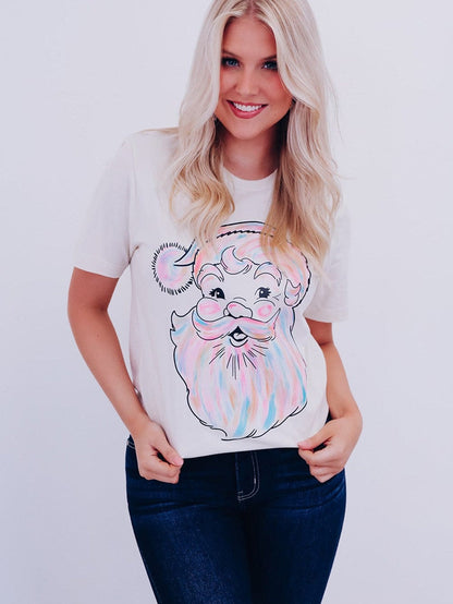 Glamorous White Santa Claus Print Crew Neck Tee