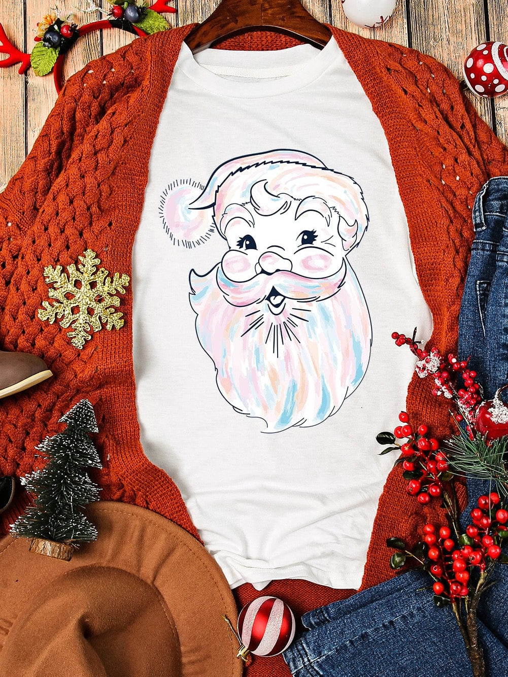 Glamorous White Santa Claus Print Crew Neck Tee