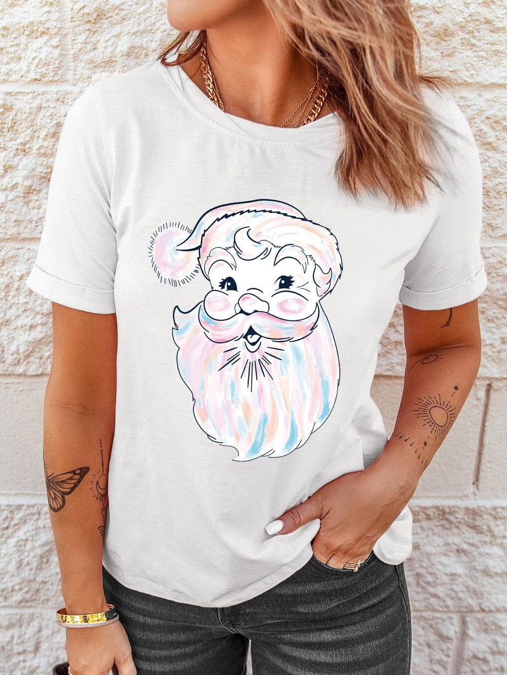 Glamorous White Santa Claus Print Crew Neck Tee