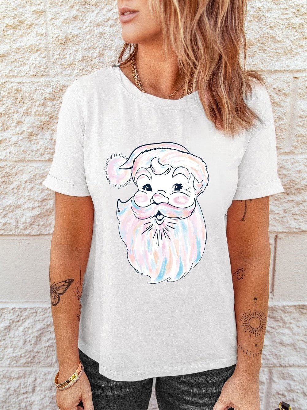 Glamorous White Santa Claus Print Crew Neck Tee